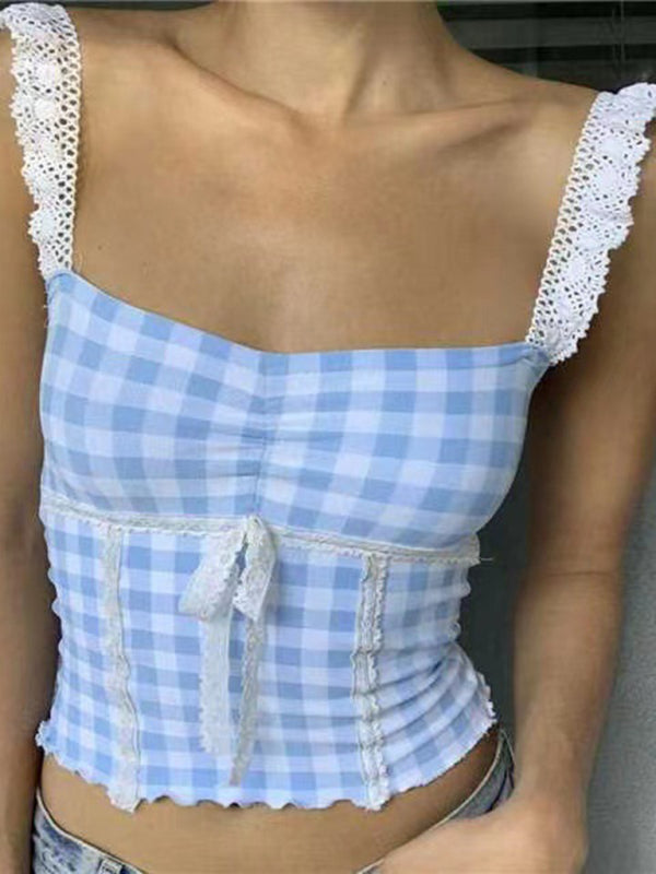 Spliced lace small suspender slim short plaid vest - Blue / S