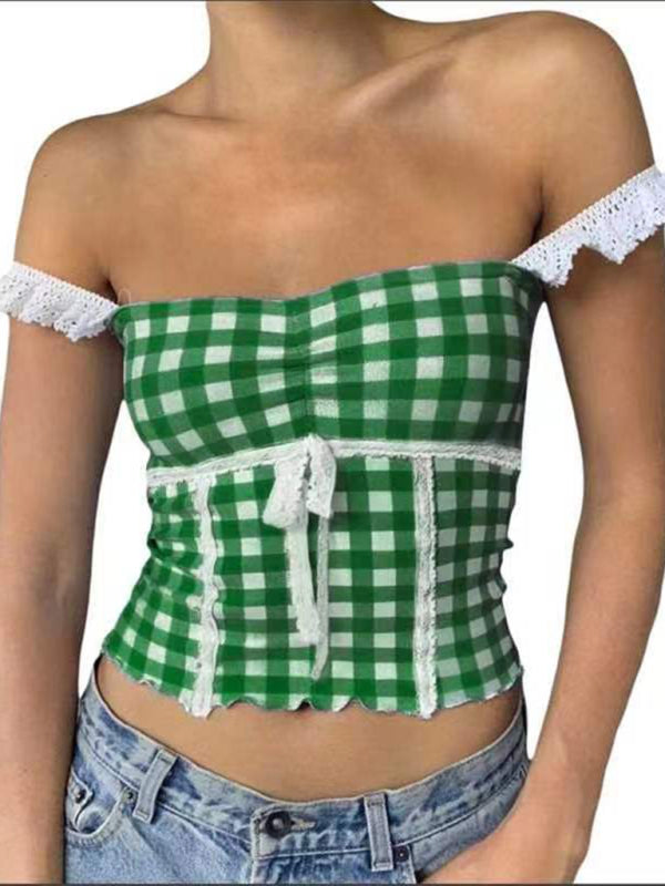 Spliced lace small suspender slim short plaid vest - Green / S