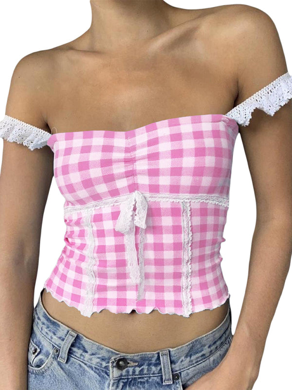 Spliced lace small suspender slim short plaid vest - Pink / S