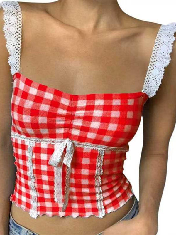 Spliced lace small suspender slim short plaid vest - Red / S