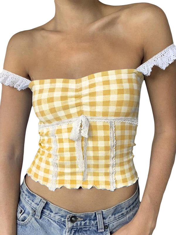Spliced lace small suspender slim short plaid vest - Yellow / S