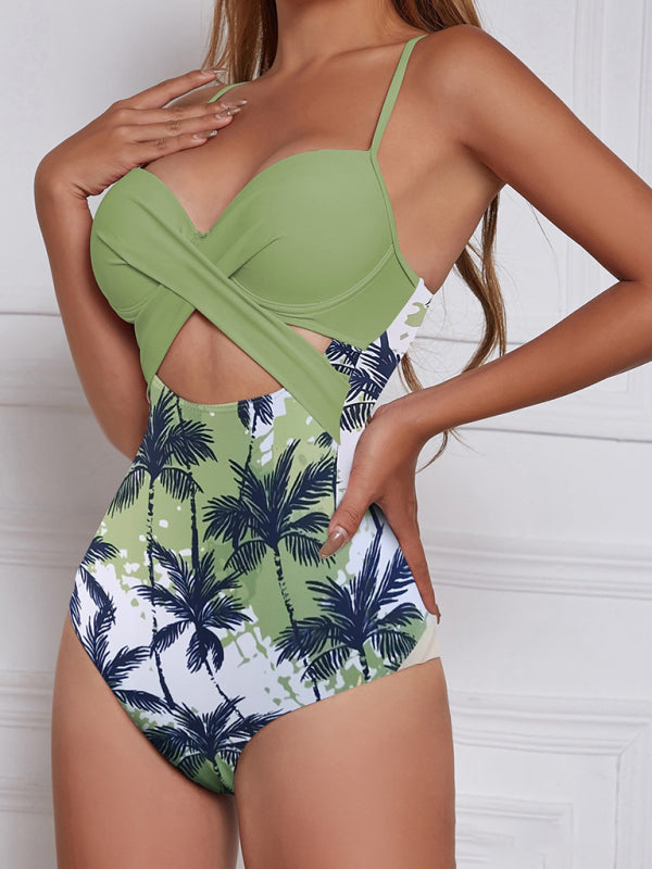 Spliced one-piece sexy maple leaf print high waist cross beach swimsuit - Green / S