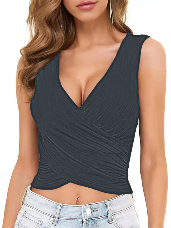Spring Summer Ladies Top Solid Color Short Sexy Slim Cross Pleated Vest - Black / S