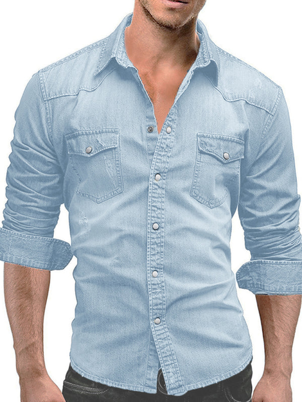 Spring-Summer Polyester Lapel Collar Solid Men’s Shirt - Clear blue / L