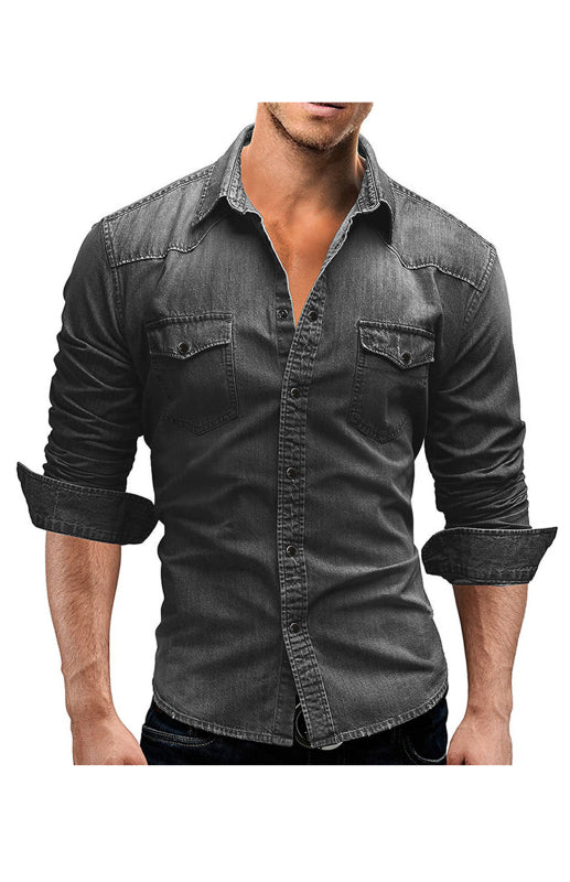 Spring-Summer Polyester Lapel Collar Solid Men’s Shirt - Misty grey / M