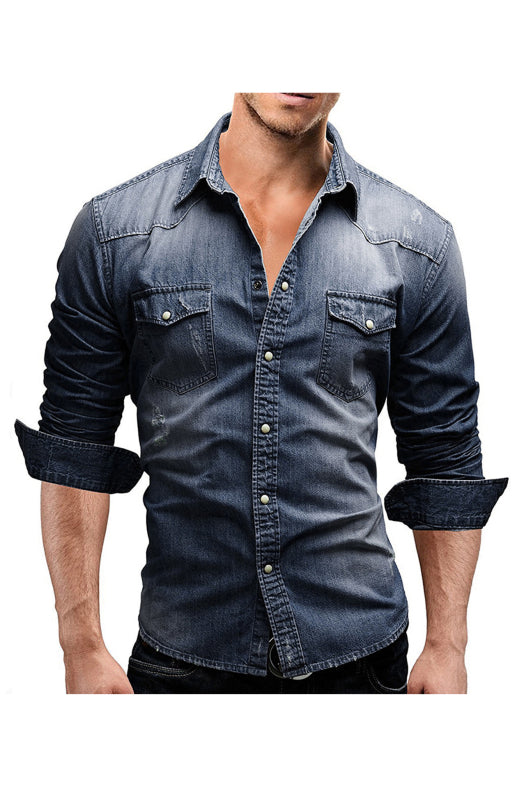 Spring-Summer Polyester Lapel Collar Solid Men’s Shirt - Purplish blue navy / M