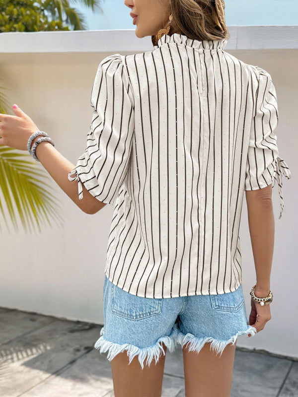 Striped blouse with tie sleeves from Stand Collar Striped Drawstring Bubble Short Sleeve Shirt, size chart available