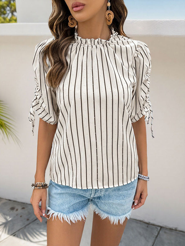 Striped blouse with tie sleeves from Stand Collar Striped Drawstring Bubble Short Sleeve Shirt, view size chart
