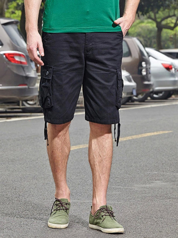 Straight Leg Cropped Pants Men’s Loose Casual Pants Outdoor Sports Cargo Shorts (Without Belt) - Black / 29