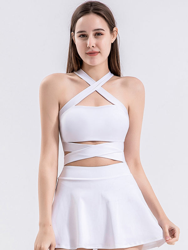 Strap fitness vest sports cross beautiful back underwear with chest pad top - White / S