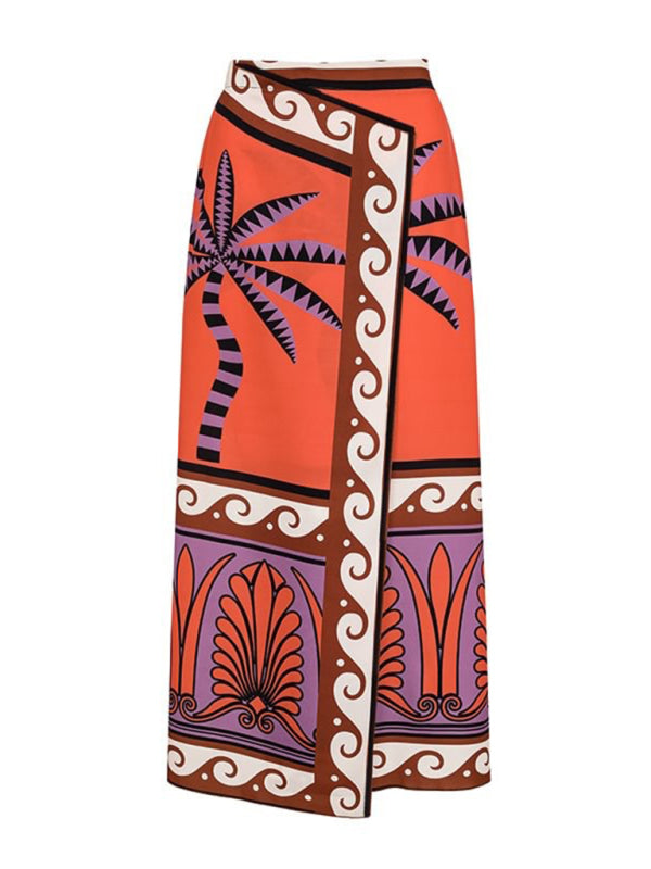Strapless printed one-piece swimsuit with matching skirt - Orange Red / S