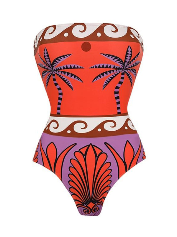 Strapless printed one-piece swimsuit with matching skirt - Red / S