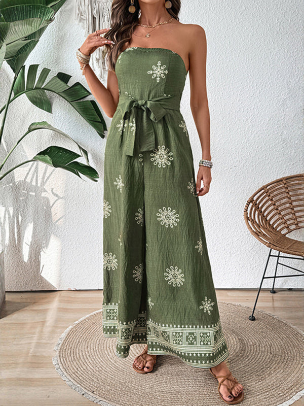 Strapless snowflake print wide-leg jumpsuit - Green / S