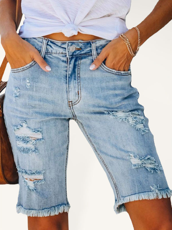 Street fringe high elastic pencil pants mid-rise cropped pants ripped jeans - Clear blue / S