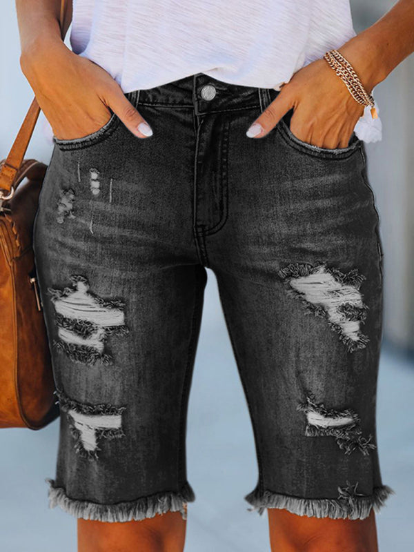 Street fringe high elastic pencil pants mid-rise cropped pants ripped jeans - Black / S