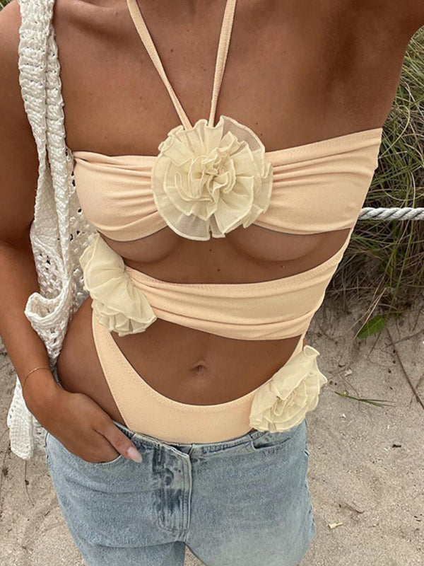 Street Sexy Slim Spice Girl Backless Three-dimensional Flower Design Halter Neck Jumpsuit - Khaki / S