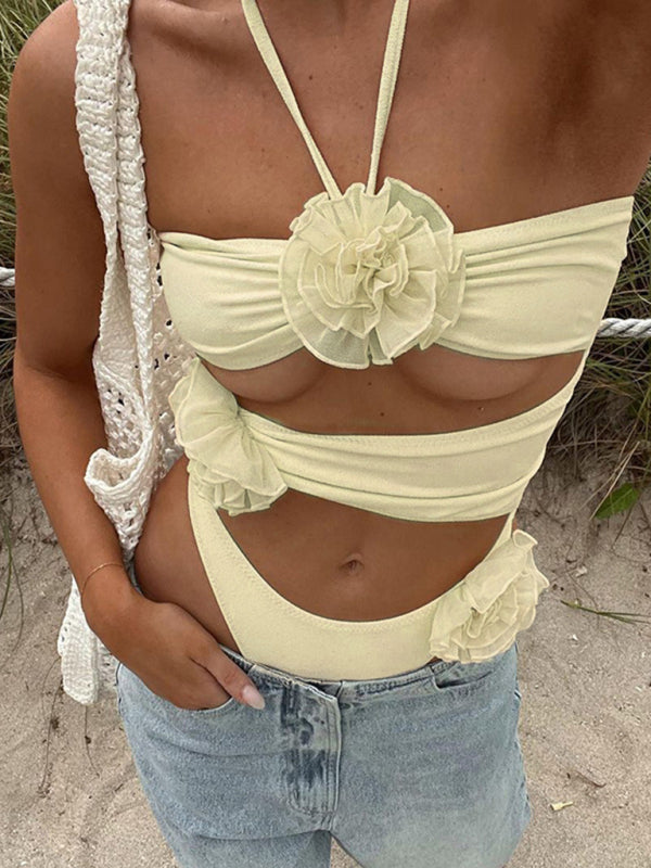 Street Sexy Slim Spice Girl Backless Three-dimensional Flower Design Halter Neck Jumpsuit - Cracker khaki / S
