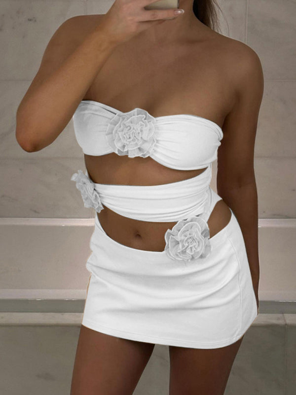 Street Sexy Slim Spice Girl Backless Three-dimensional Flower Design Halter Neck Jumpsuit - White / S