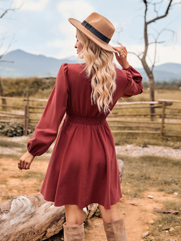 Burgundy slim fit dress with stretch elastic waist and slight elasticity