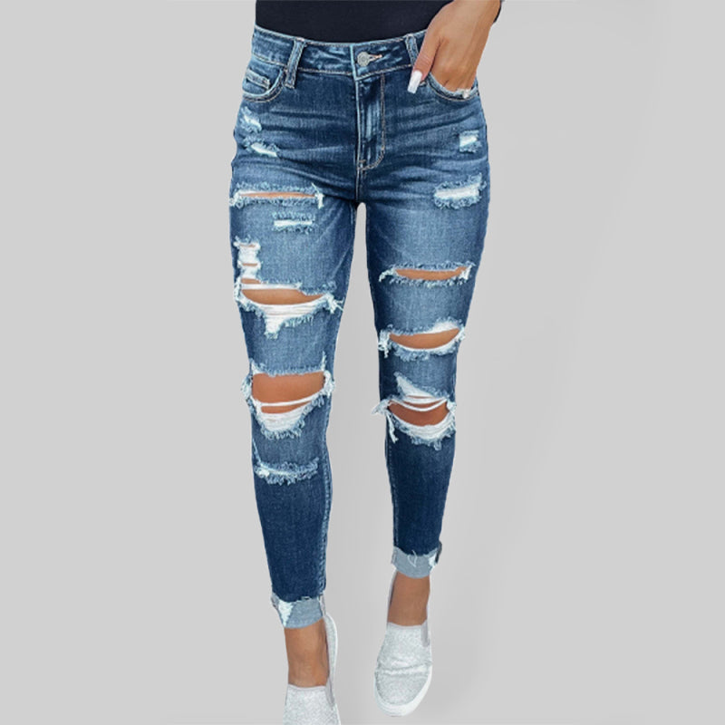 Stretch ripped denim trousers washed skinny feet tight buttocks fashion jeans for women - Blue / S