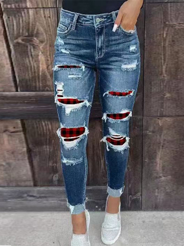 Stretch ripped denim trousers washed skinny feet tight buttocks fashion jeans for women - Red / S