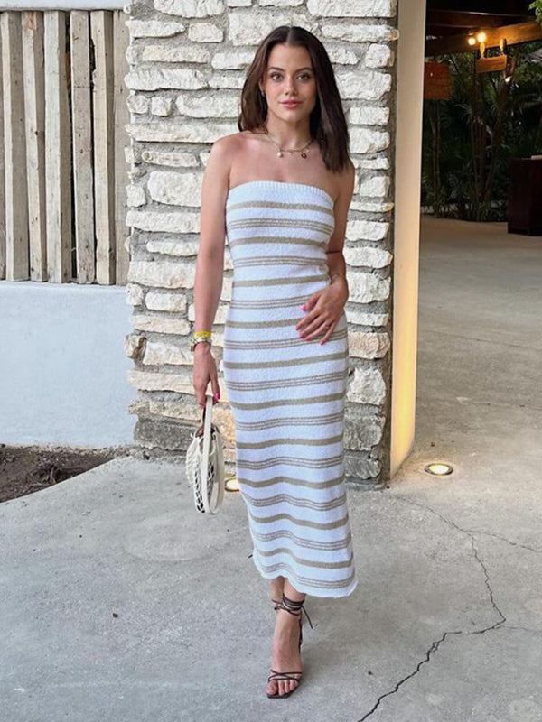 Striped tube top tight skirt beach bohemian casual slimming hip-hugging skirt - White / S