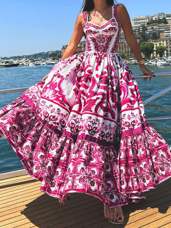 Stylish Printed Sleeveless Sleeveless Waist Swing Dress - Rose / S