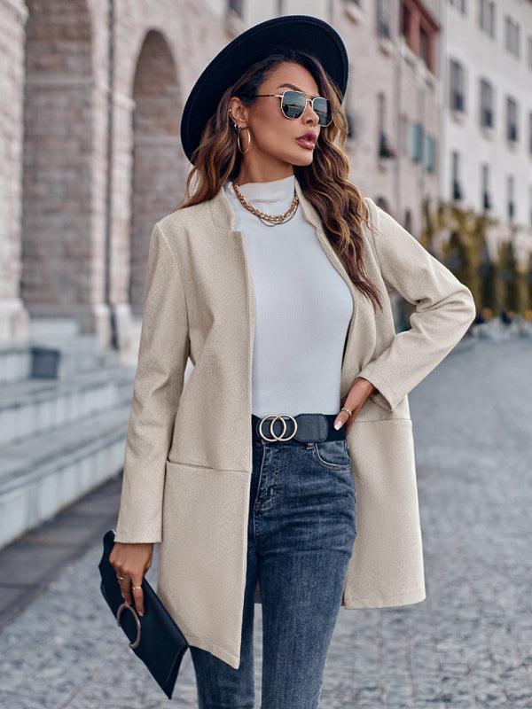 Stylish stand collar versatile mid-size jacket coat - Closther