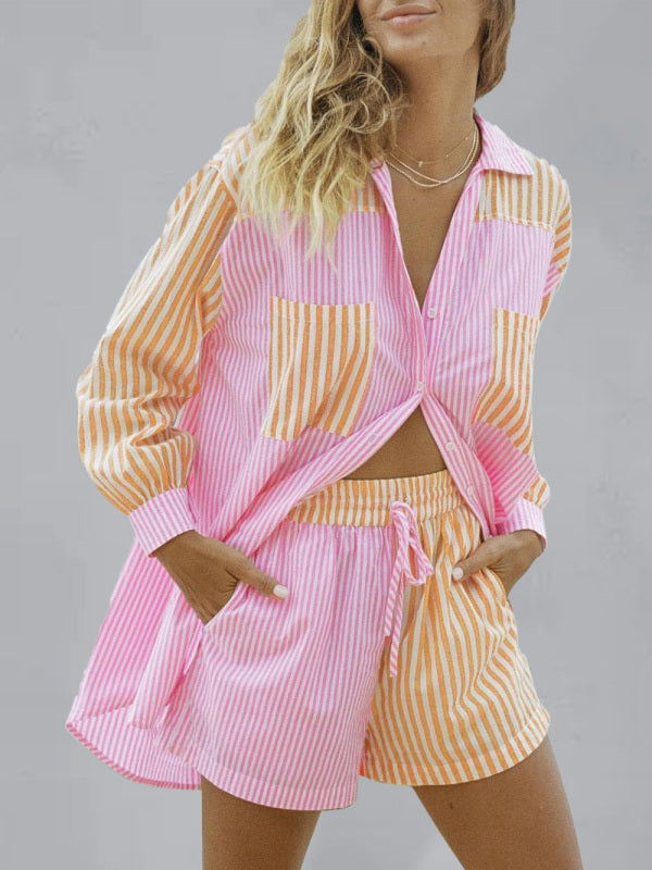 Summer Beach Sportswear Shorts Set Striped Shirt Tops Shorts Set Two-Piece Set - Pink / S