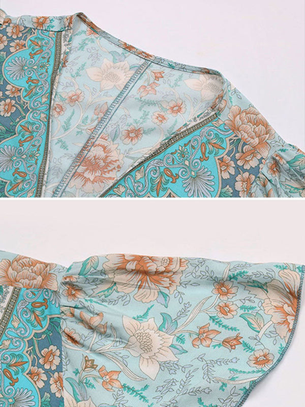 Summer European and American retro women's print blue one-piece dress - Closther