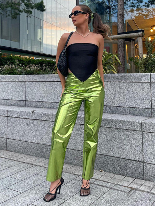 Summer Fashion High Waist PU Leather Pants Women Candy Color Casual Pants - Green / S