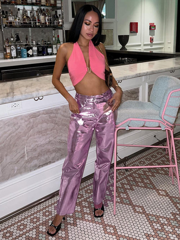 Summer Fashion High Waist PU Leather Pants Women Candy Color Casual Pants - Pink / S