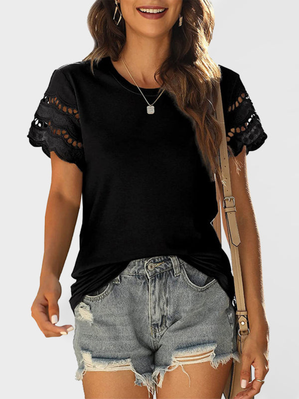 Summer new lace stitching short-sleeved T-shirt round neck top - Black / S