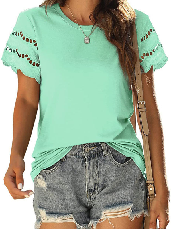 Summer new lace stitching short-sleeved T-shirt round neck top - Green / S