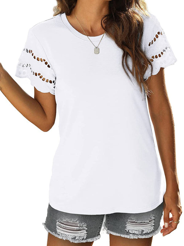 Summer new lace stitching short-sleeved T-shirt round neck top - White / S