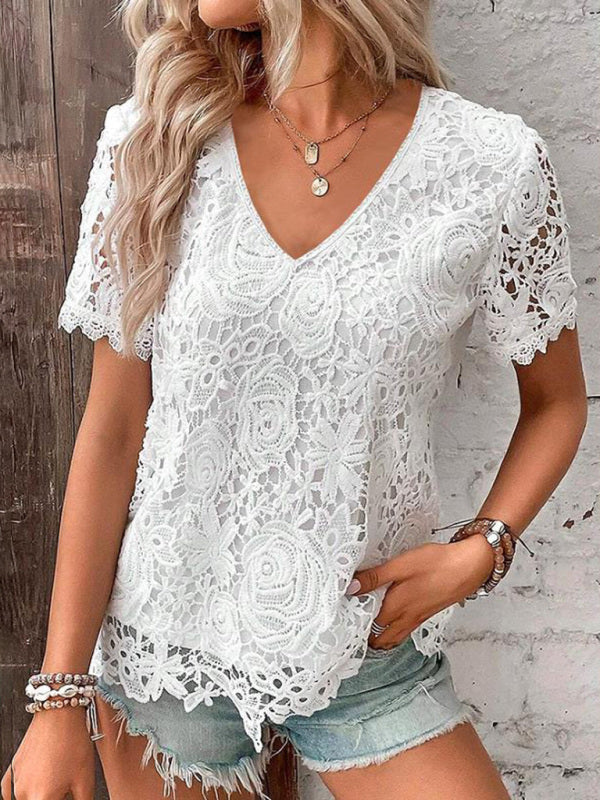 Summer new short-sleeved lace V-neck loose sweet pullover T-shirt - White / S