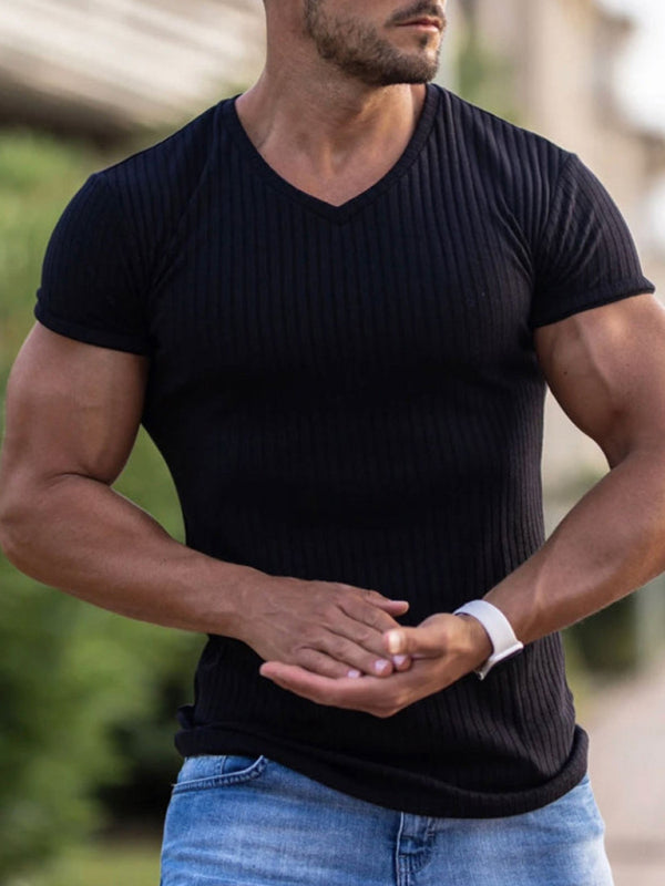Summer slim V-neck sports fitness breathable solid color short-sleeved T-shirt - Black / M