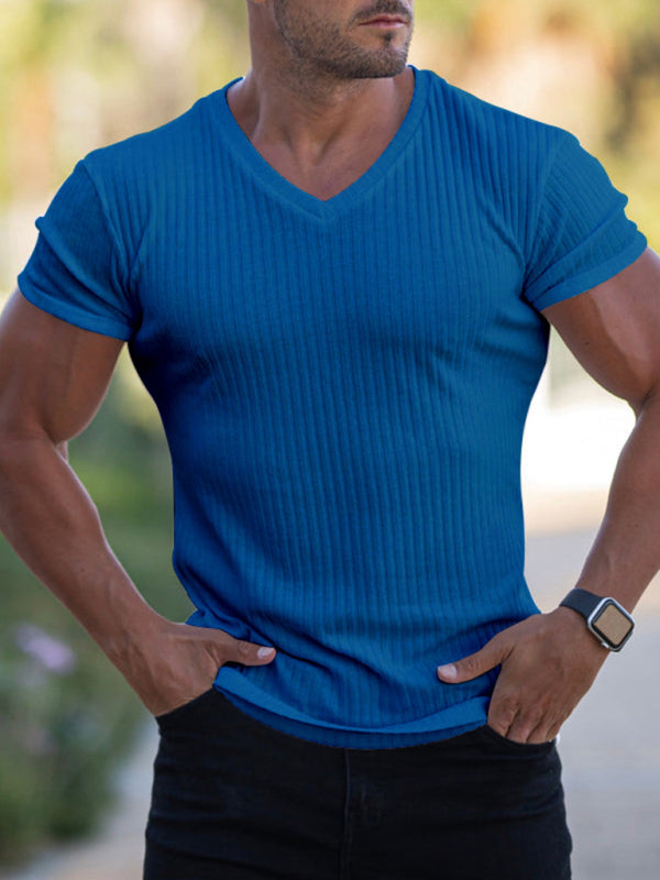 Summer slim V-neck sports fitness breathable solid color short-sleeved T-shirt - Blue / M