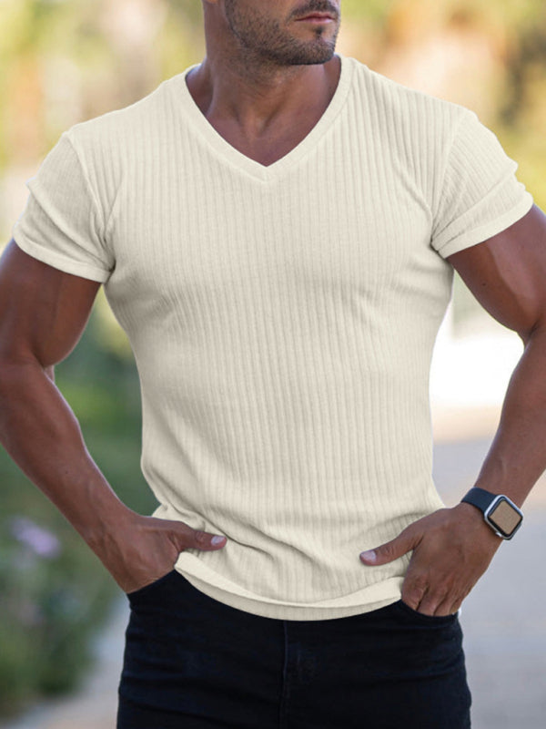 Summer slim V-neck sports fitness breathable solid color short-sleeved T-shirt - Cream / M