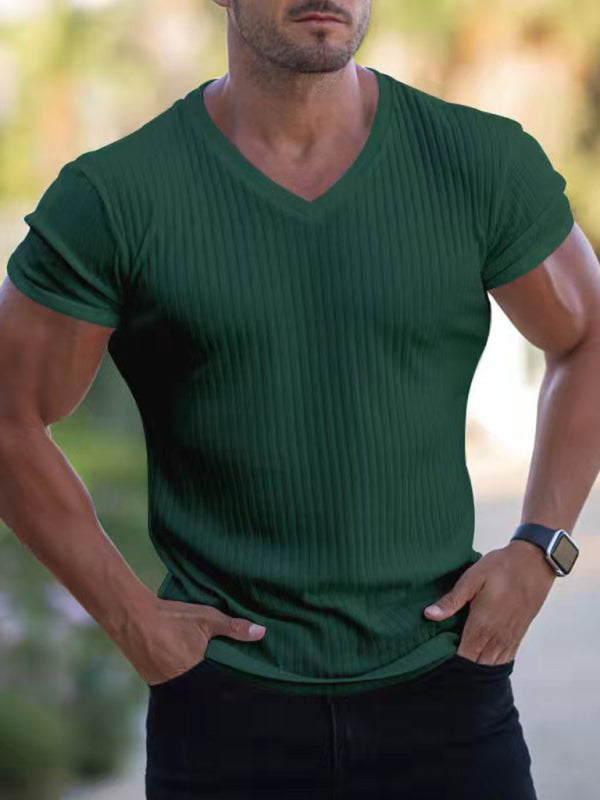 Summer slim V-neck sports fitness breathable solid color short-sleeved T-shirt - Green / M