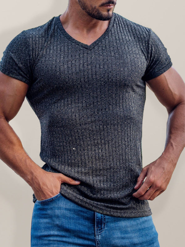 Summer slim V-neck sports fitness breathable solid color short-sleeved T-shirt - Charcoal grey / M