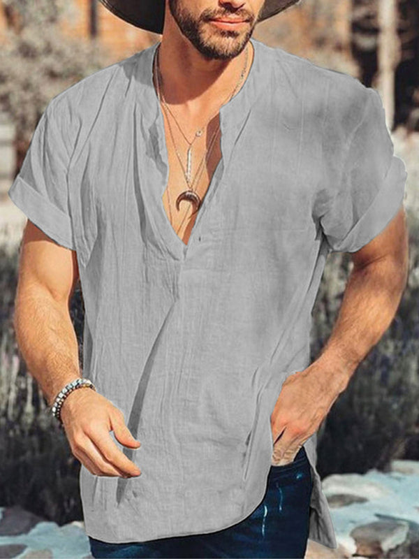 Summer solid color round neck short sleeve simple cotton linen shirt men - Grey / S