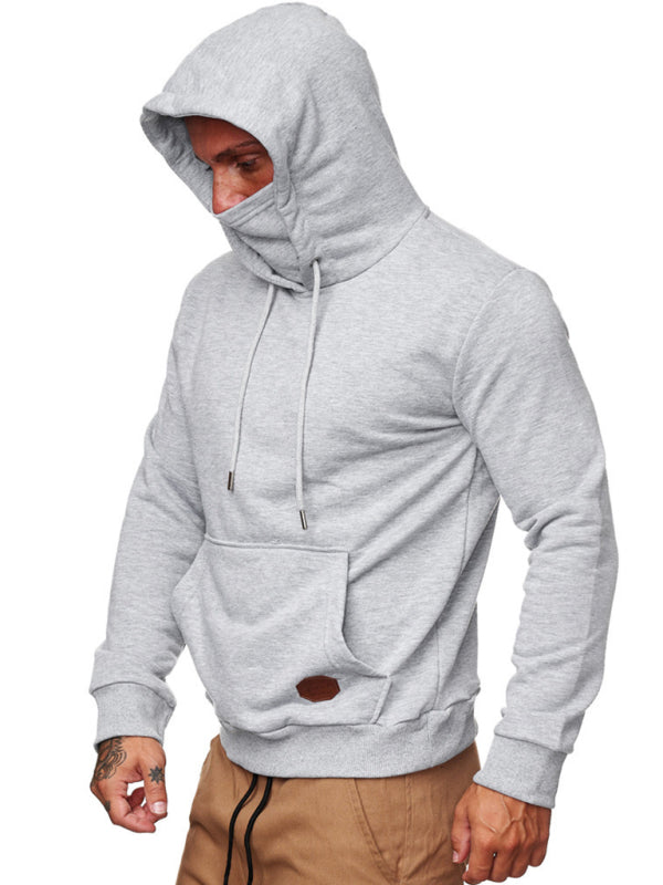 Gray hooded sweatshirt with face covering, long sleeve men’s sweatshirt mask for versatile wear