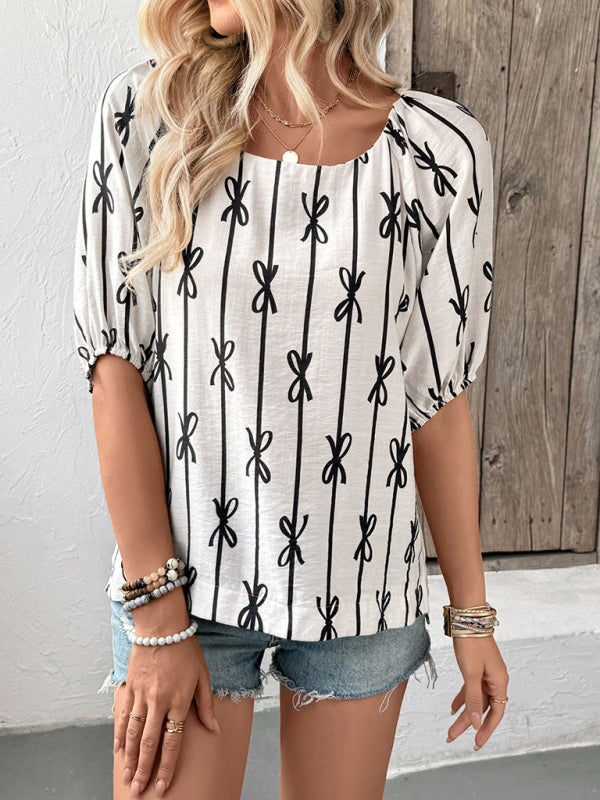 White blouse with black bow pattern from Sweet and Simple puff sleeve square neck shirt