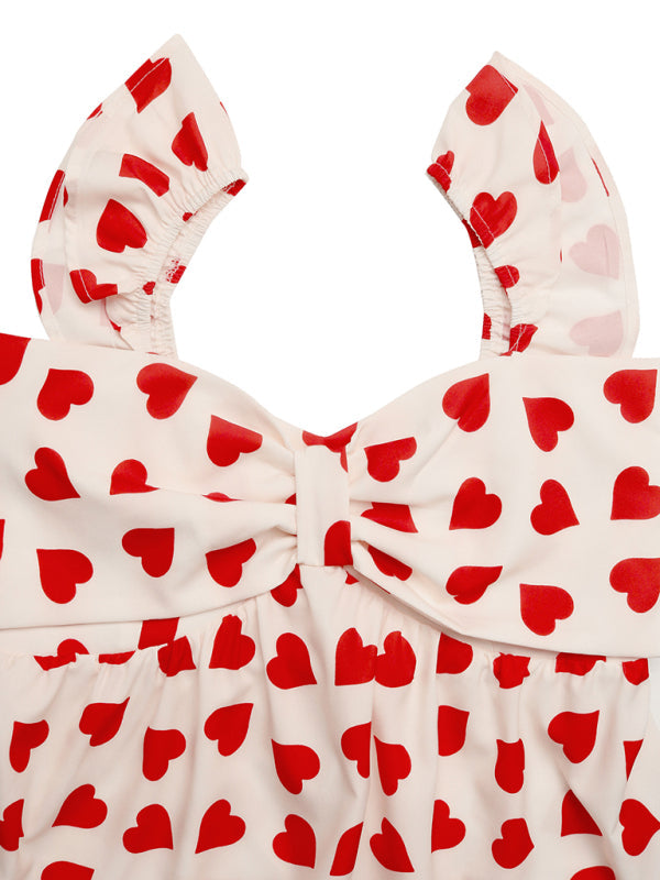 White fabric with red heart pattern for Sweet Love Bowknot Baby Shirt Small Flying Sleeve Tank Top