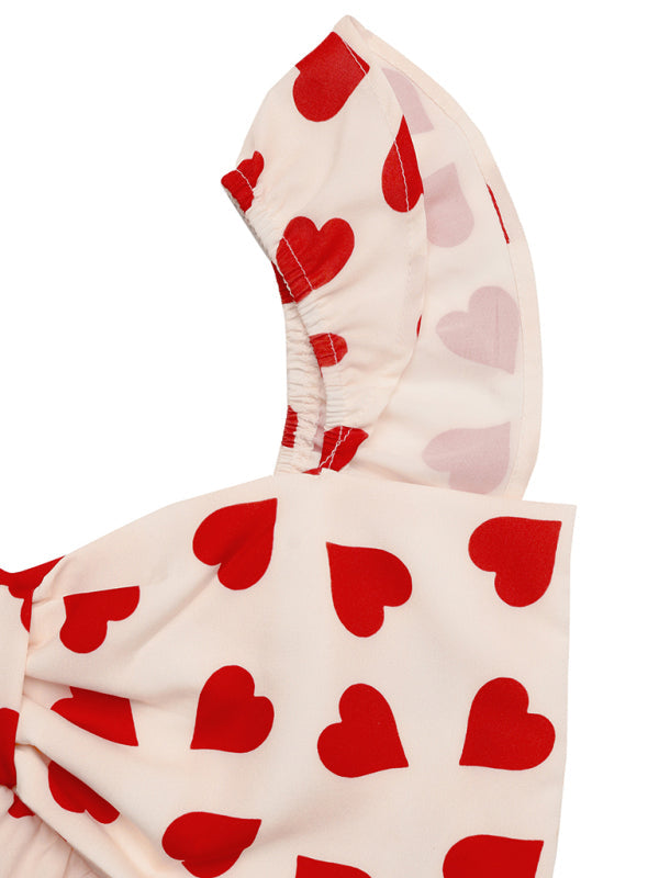 Heart-patterned fabric with gathered detail on Sweet Love Bowknot Baby Shirt Small Flying Sleeve Tank Top