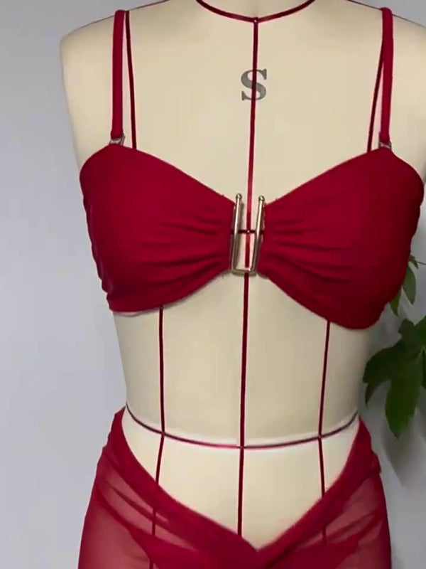 Red bandeau bikini top with gold hardware from Swimsuit solid color three-piece bikini U-shaped decoration collection