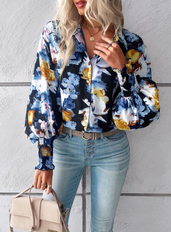 Temperament casual printed lantern sleeve shirt - Black / S