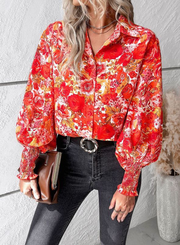 Temperament casual printed lantern sleeve shirt - Red / S