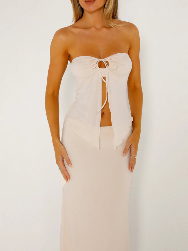 Temperament solid color sleeveless mesh double layer slit tube top vest long skirt suit - Cracker khaki / S
